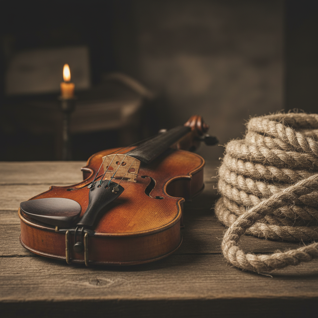 A close-up of a violin resting on a rough wooden table, its varnished wood catching a sliver of candlelight next to a he