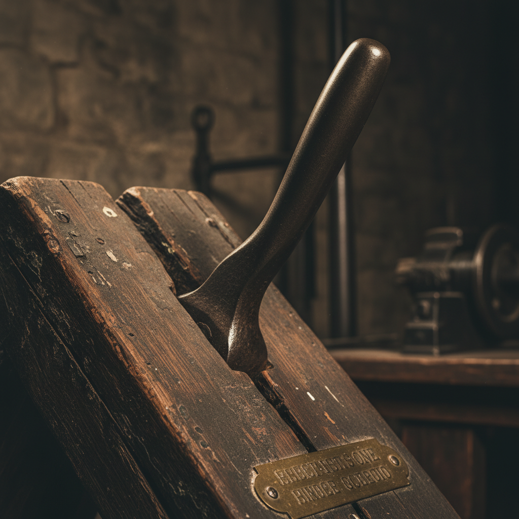 A single, heavy iron lever protruding from a weathered wooden frame, its surface worn smooth and shining from the touch 