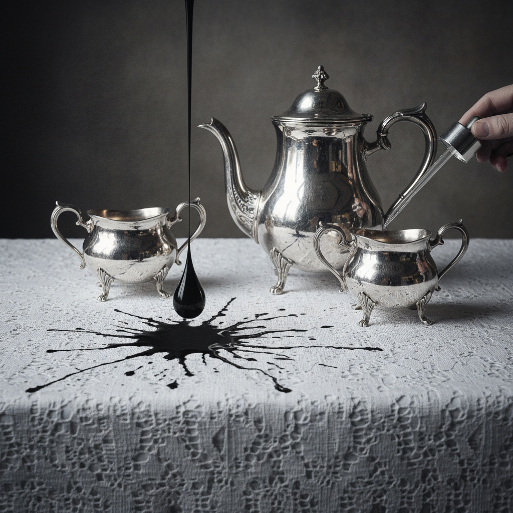 An ornate silver tea service sitting on a pristine lace tablecloth, with a single, heavy drop of dark, viscous liquid sp