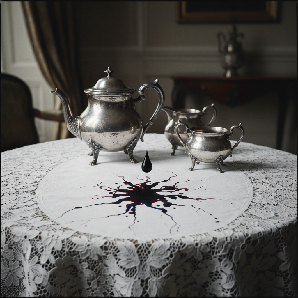 An ornate silver tea service on a pristine lace tablecloth, with a single, heavy drop of dark liquid splashing onto the 