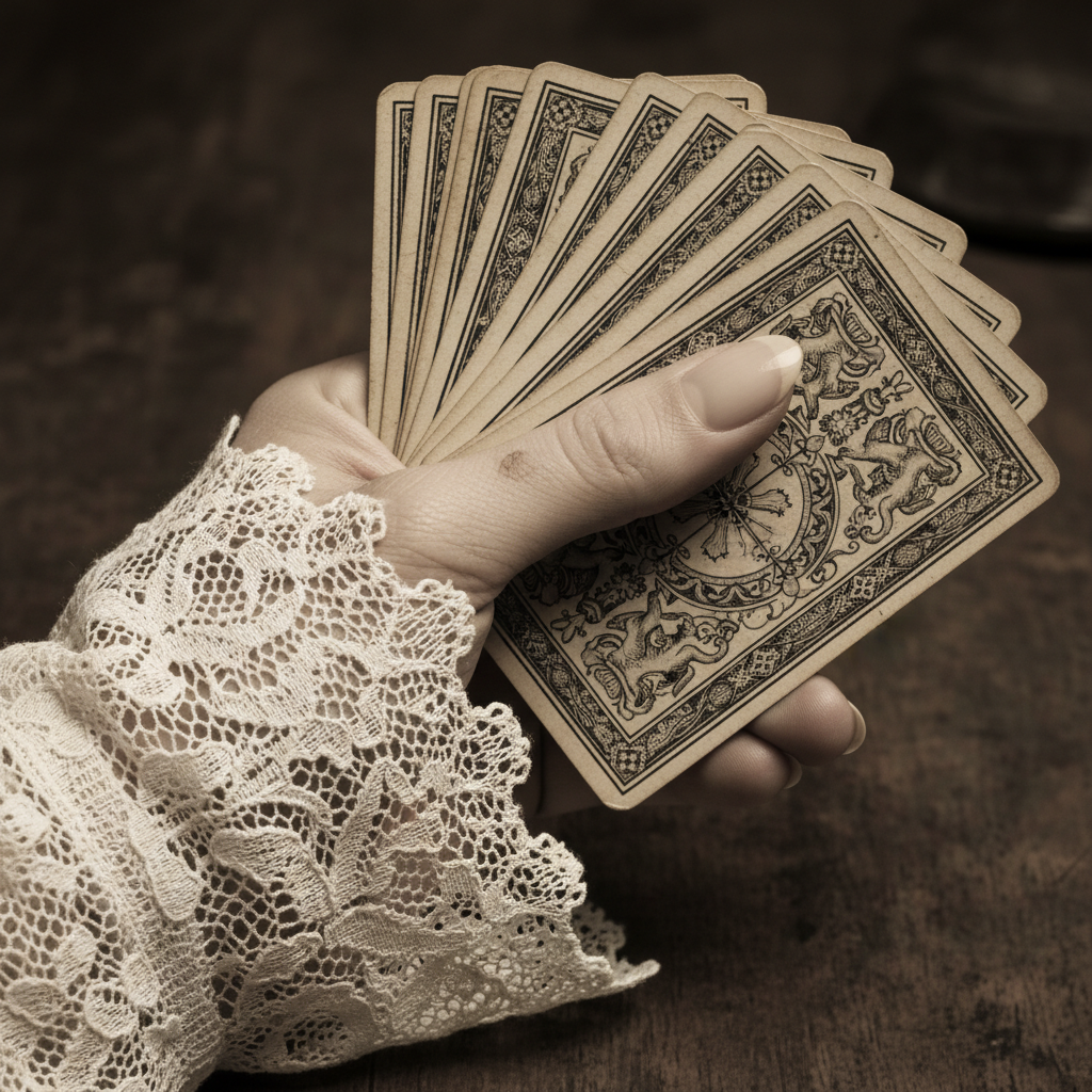 A close-up of a man's hand clutching a fan of playing cards, the fingernails impeccably manicured and the heavy lace of 