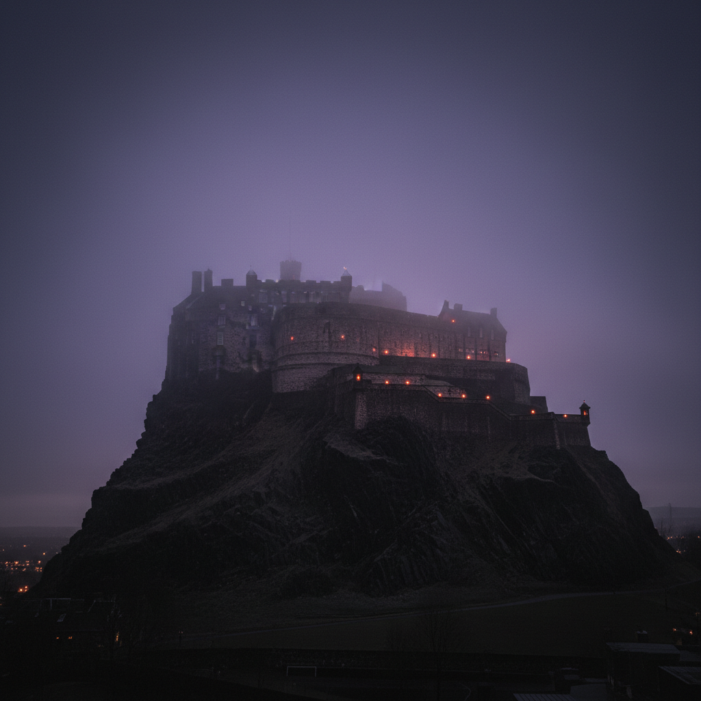 A wide shot of Edinburgh Castle shrouded in mist, the jagged volcanic rock of Castle Rock rising sharply against a bruis