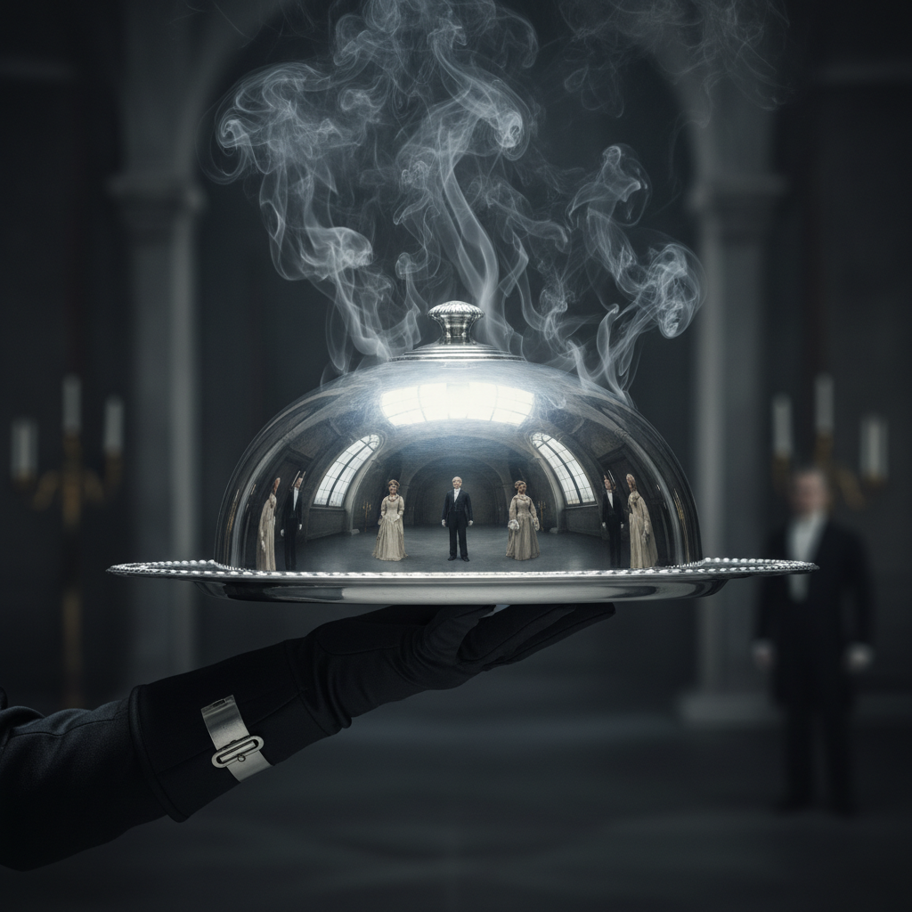 A central focus on a massive silver platter being held by gloved hands, the steam rising in curls against a dark, out-of