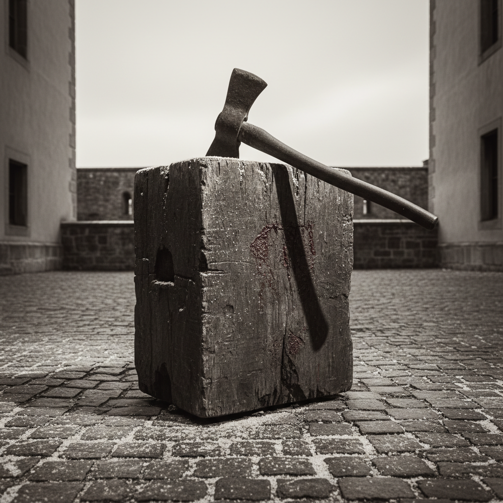 A low-angle shot of a blood-stained wooden block in the center of a stone courtyard, a light dusting of snow beginning t