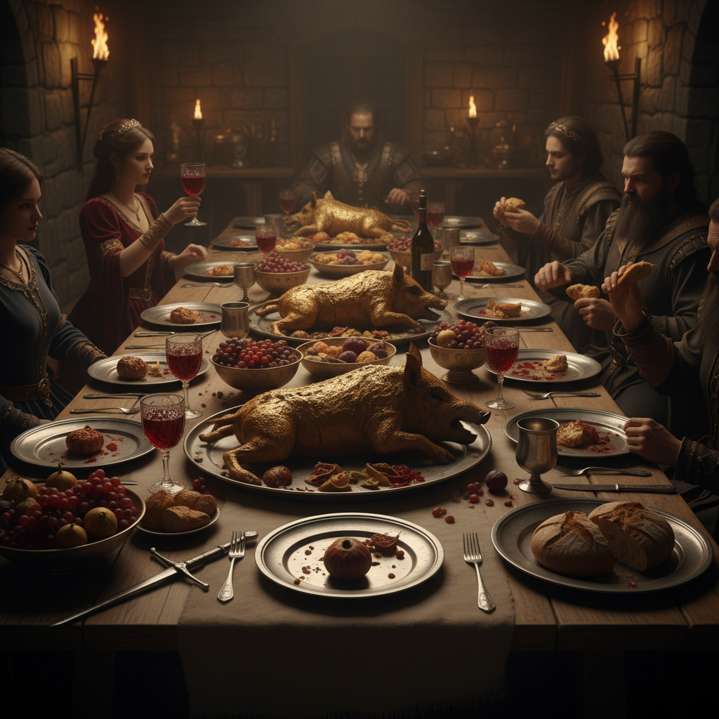 A long table overflowing with medieval excess, the flickering torchlight reflecting off heavy pewter plates, half-eaten 