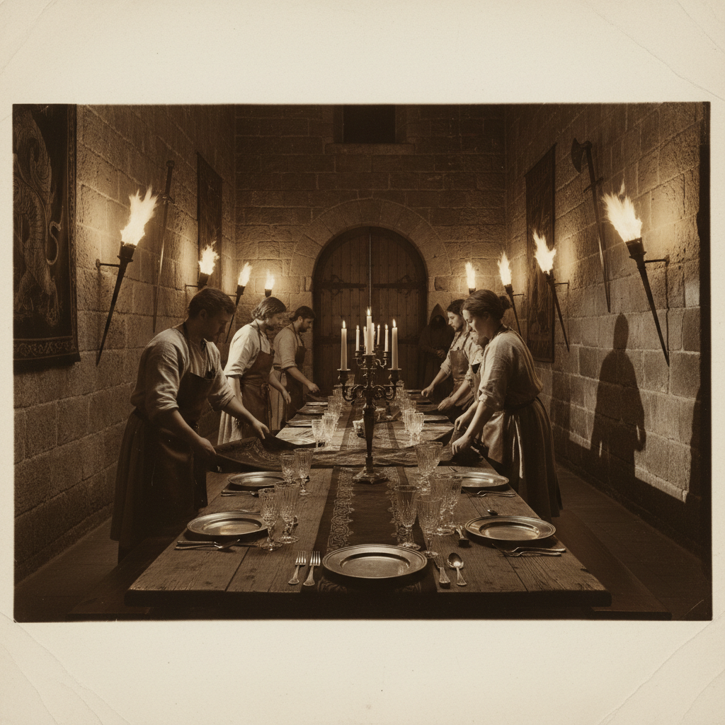 A long table being set by servants in a dimly lit stone hall, the flickering torchlight reflecting off heavy pewter plat