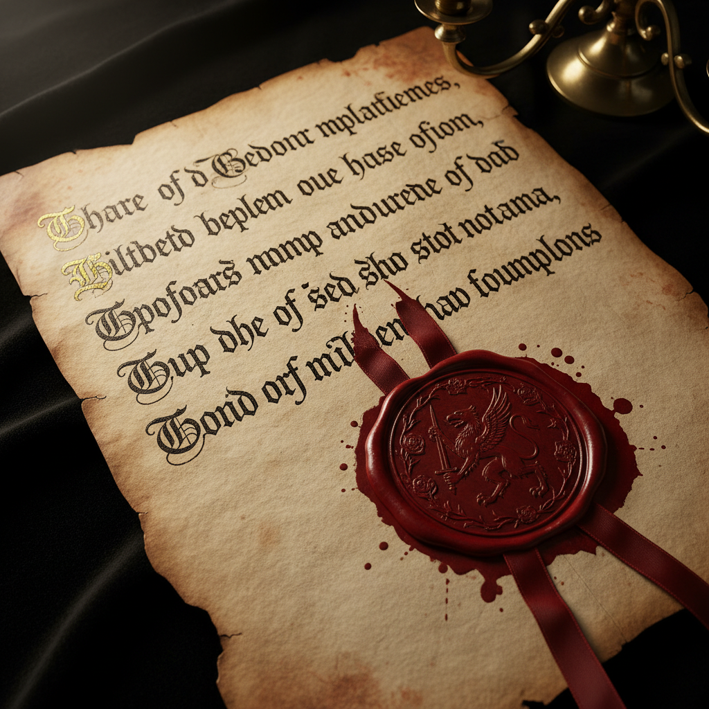 A close-up of a 15th-century invitation written on thick parchment, sealed with heavy red wax, the light catching the in