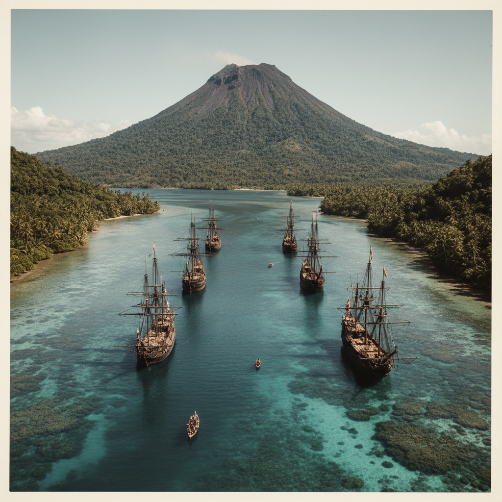An aerial perspective of a 17th-century Dutch man-of-war fleet anchored in a tropical bay, the dark volcanic peak of Gun