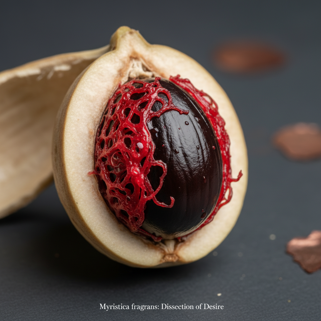 A close-up, high-fashion macro shot of a split nutmeg fruit, the vivid red mace contrasting sharply against the dark see