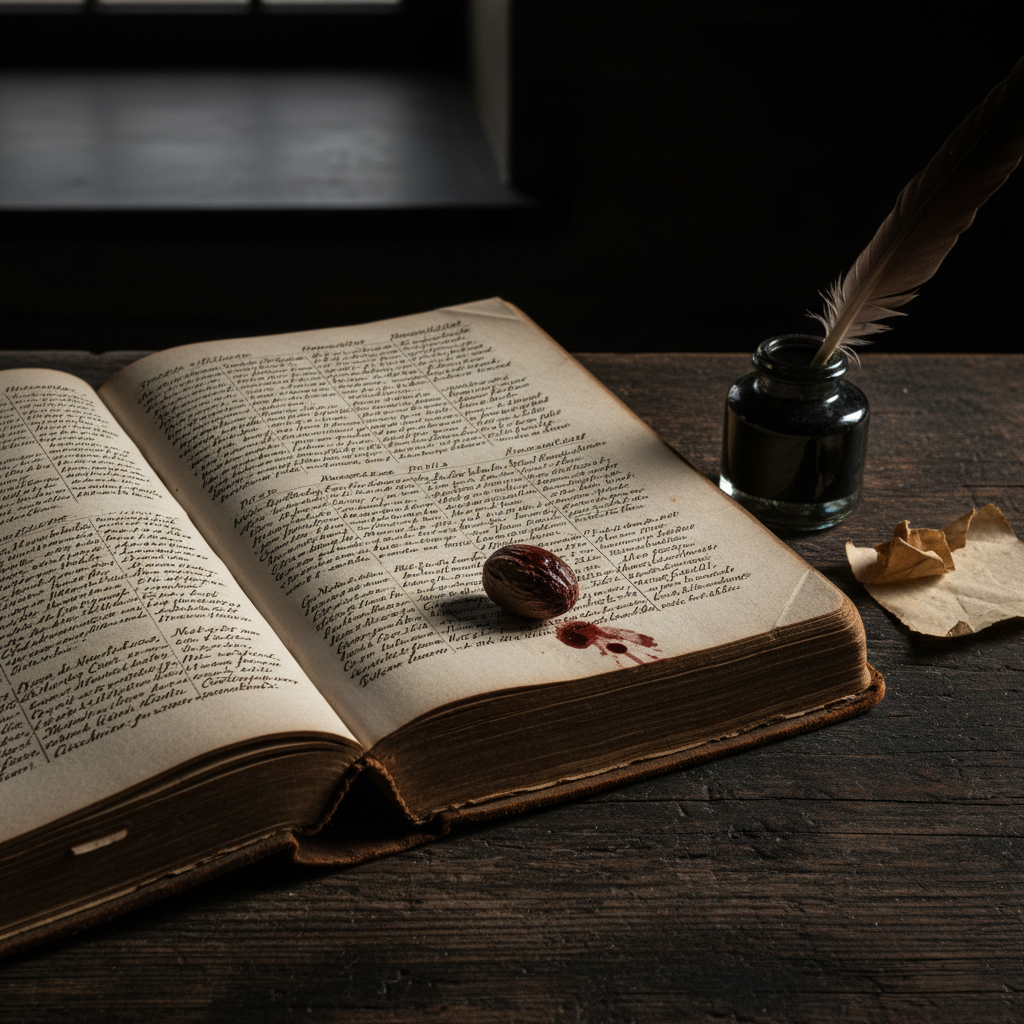 A dramatic, moody shot of a 17th-century ledger book open on a rough wooden table, an inkwell nearby, with a single bloo