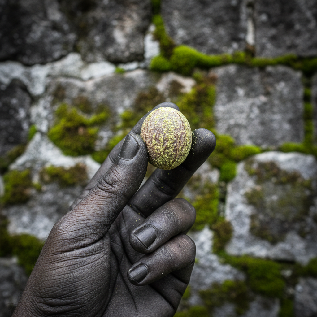 A stark, high-contrast close-up of a human hand - fingers stained with dark, permanent ink - holding a single, lime-dusted n