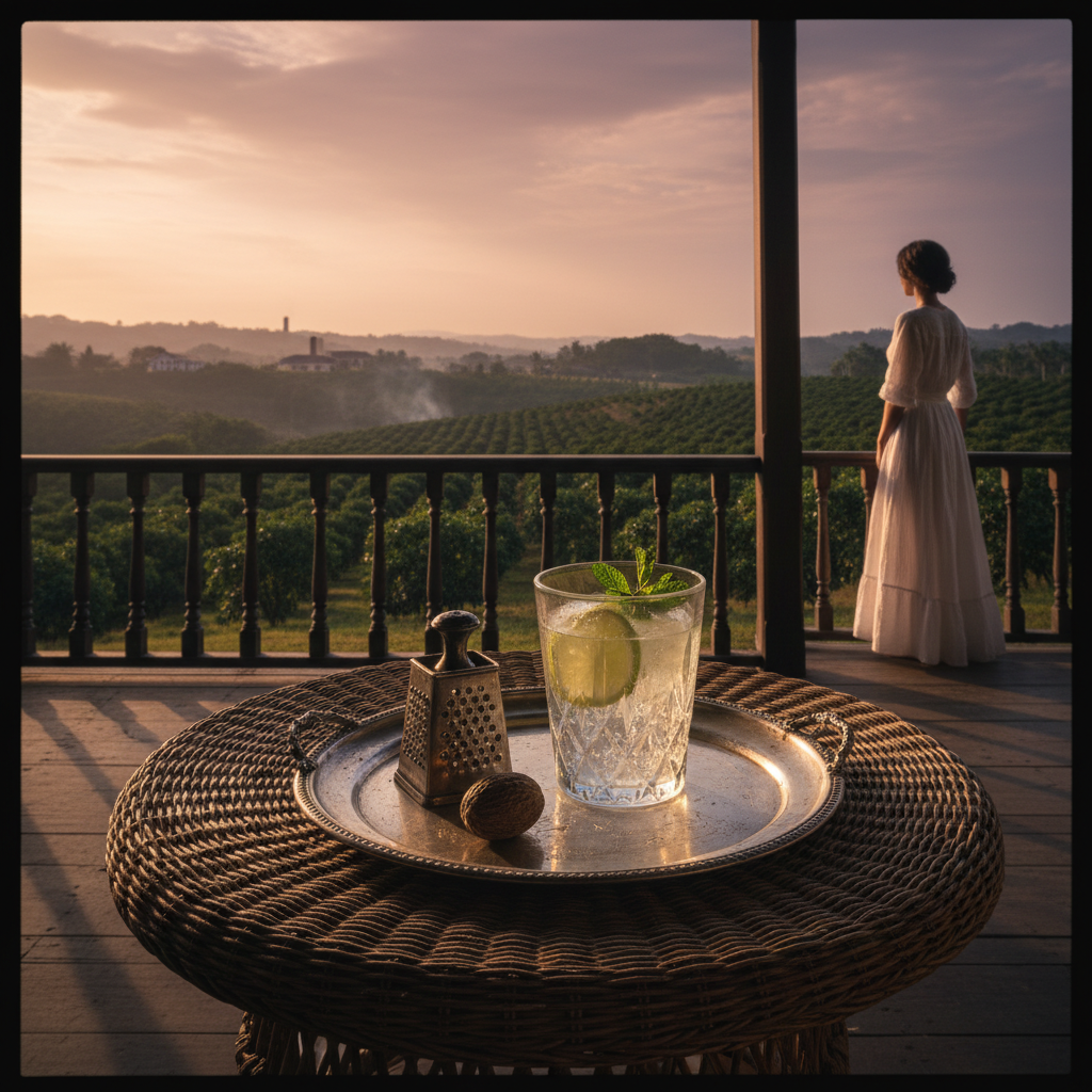 A lush, cinematic shot of a colonial-era veranda overlooking a nutmeg grove at golden hour; a silver tray with a crystal