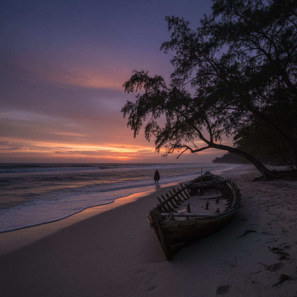 A haunting, wide shot of a deserted tropical beach at twilight, the silhouettes of nutmeg trees leaning over the sand li