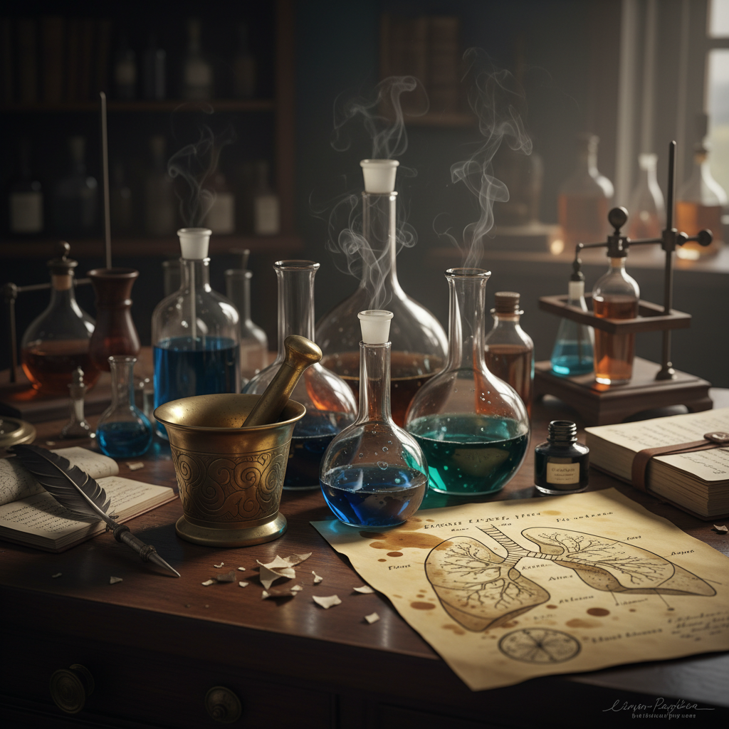 A Victorian laboratory table cluttered with ornate glass beakers, a heavy brass mortar and pestle, and a detailed, hand-