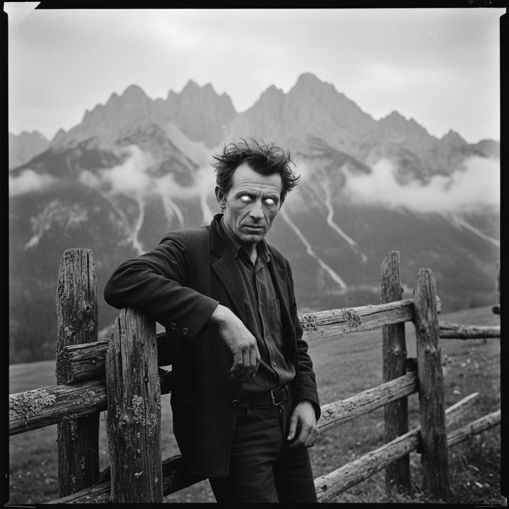 A vintage black and white photograph of a rugged Styrian peasant with piercing, luminous eyes and unnaturally smooth ski