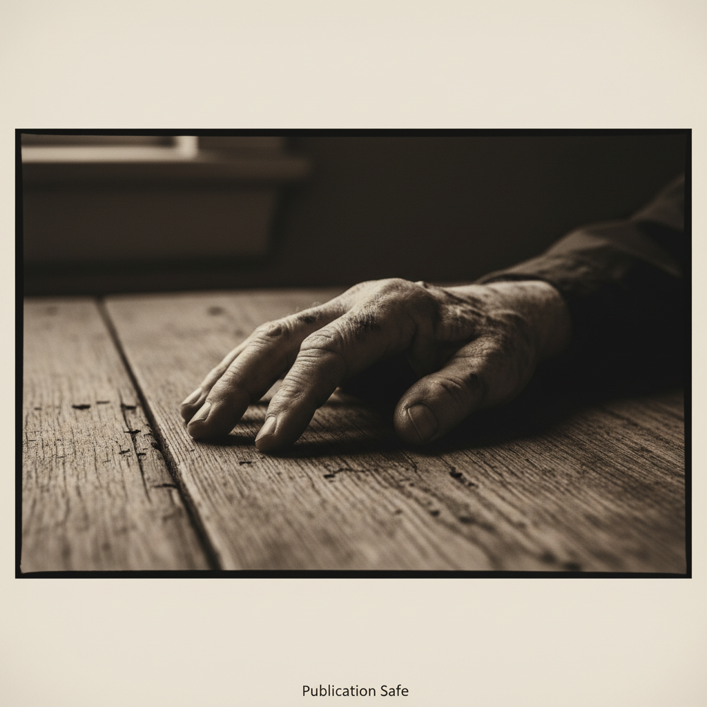 A close-up of a weathered, elderly hand resting on a rough wooden table, the skin marked with dark, irregular spots and 