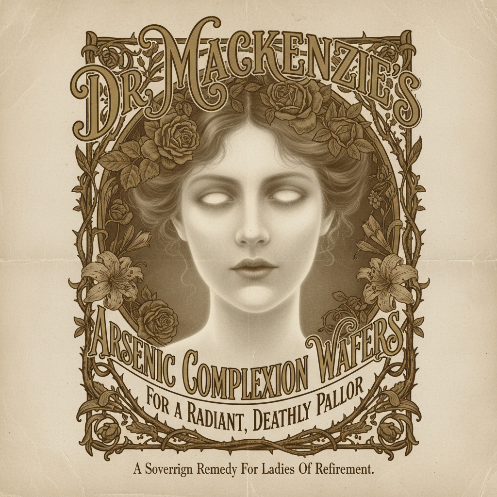 A vintage, sepia-toned advertisement for "Dr. MacKenzie's Arsenic Complexion Wafers," featuring the ethereal, glowing fa