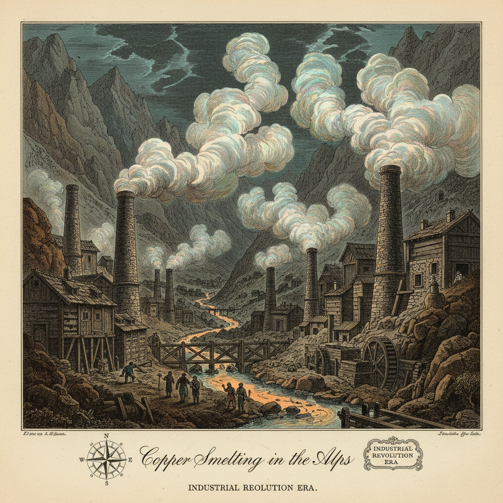 A dramatic 19th-century illustration of a copper smelting furnace nestled in a steep Alpine valley, thick, iridescent wh