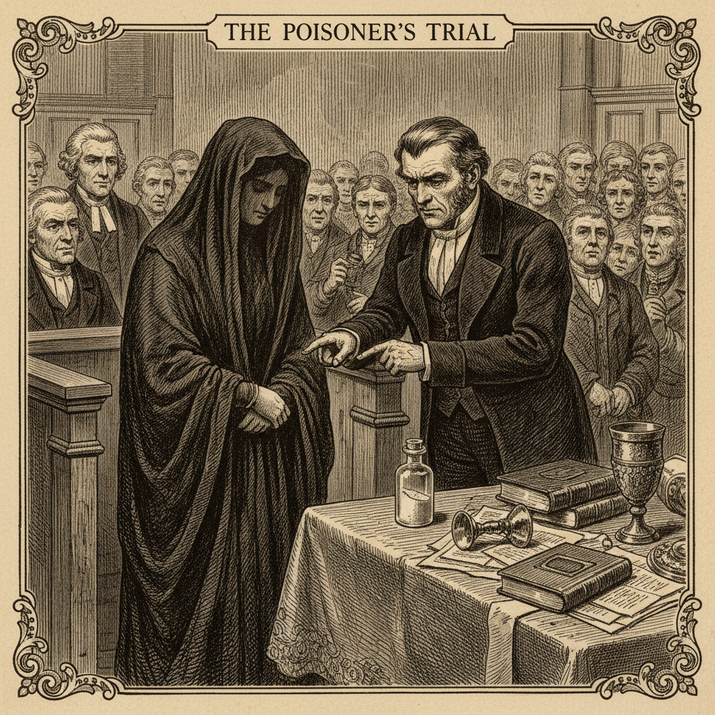A dramatic courtroom sketch from a 19th-century periodical, showing a veiled woman in black standing in the dock, while 