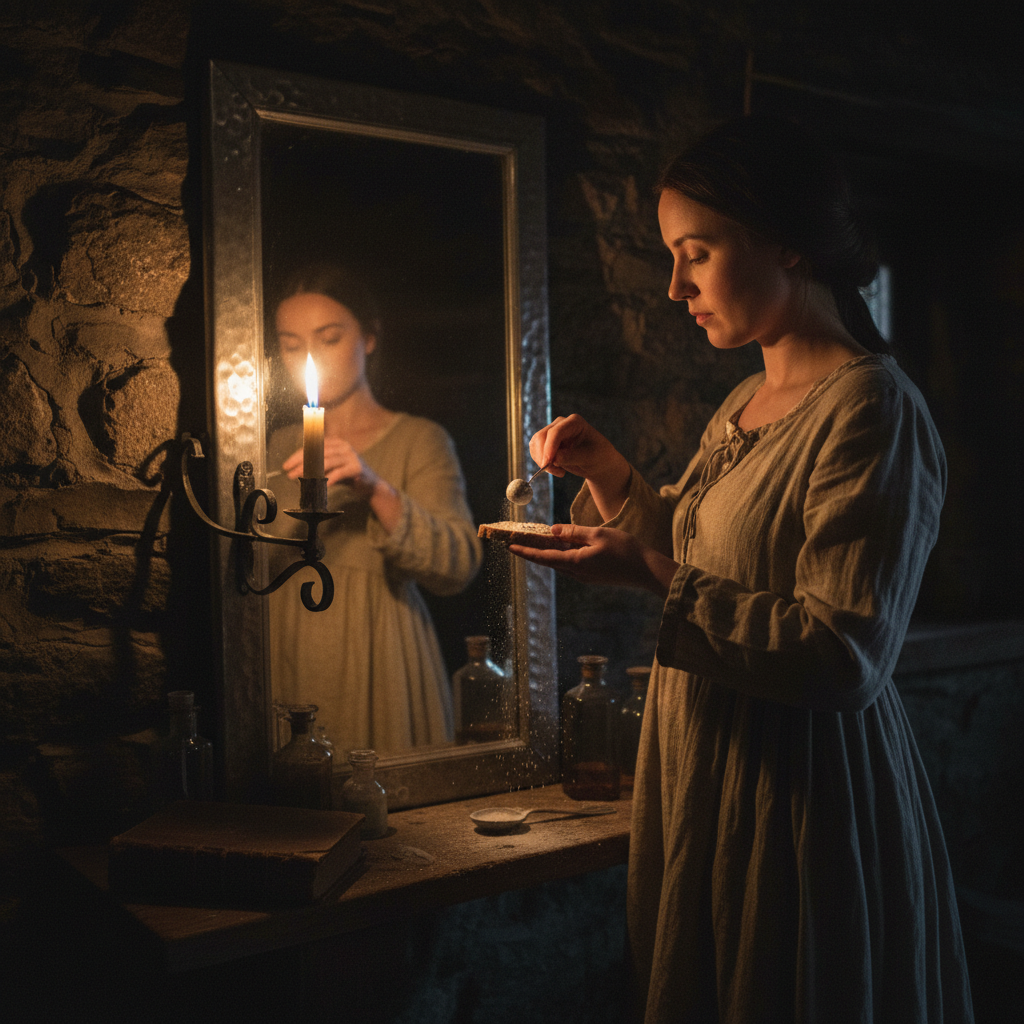 A dimly lit interior of a mountain cottage, where a woman stands before a hammered tin mirror, her face luminous in the 
