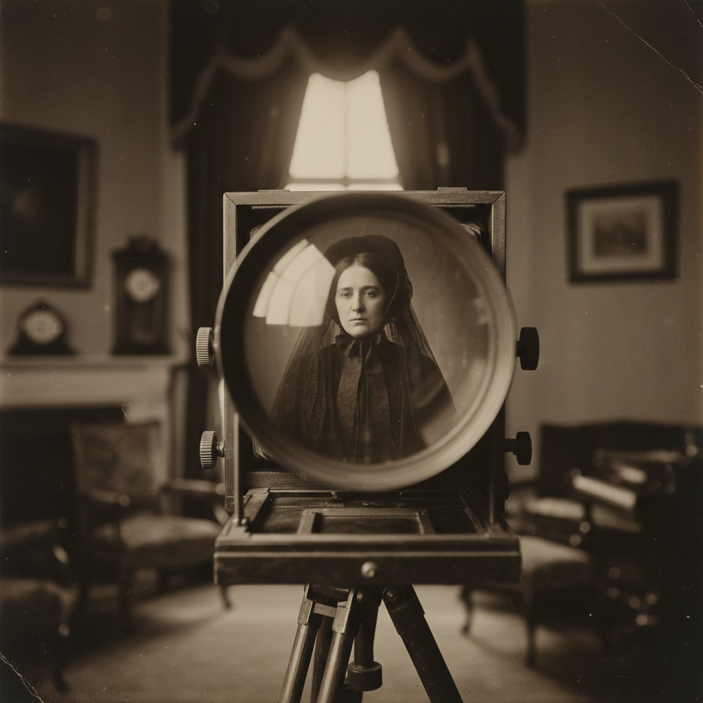 A Victorian mother in full crape mourning attire, her face a mask of controlled grief, reflected in the lens of a large 