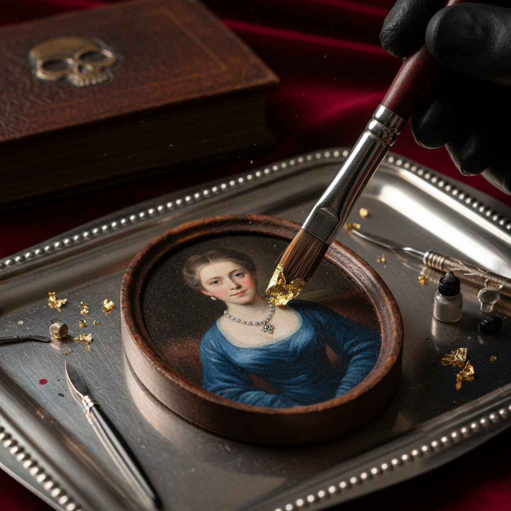 A macro shot of a miniature paintbrush applying a speck of gold leaf to the painted-on jewelry of a sitter’s portrait, t