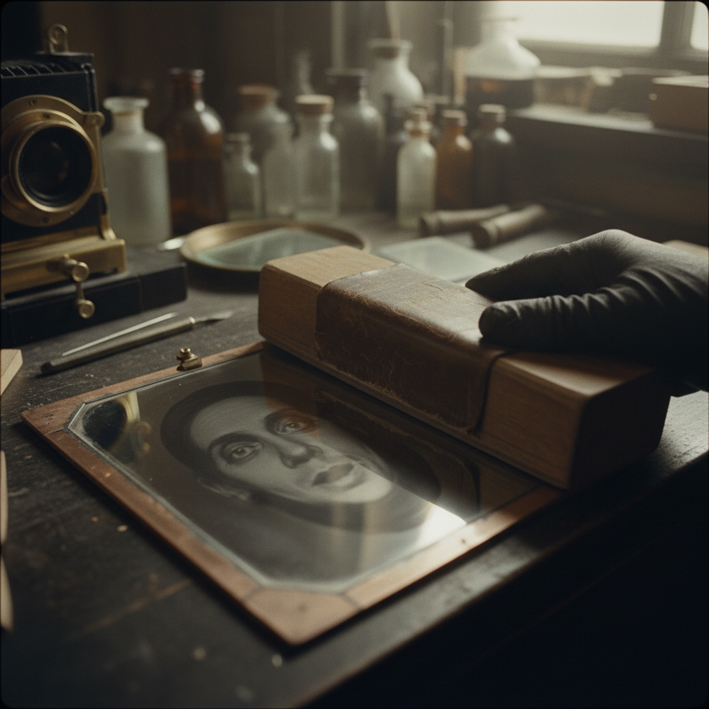 A detail of a daguerreotype plate being buffed with a long, leather-covered wooden block, the silver surface reflecting 