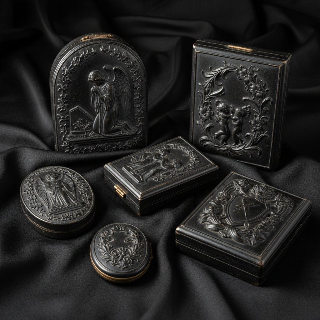 A collection of ornate daguerreotype cases made of gutta-percha, their surfaces molded into intricate scenes of angels a