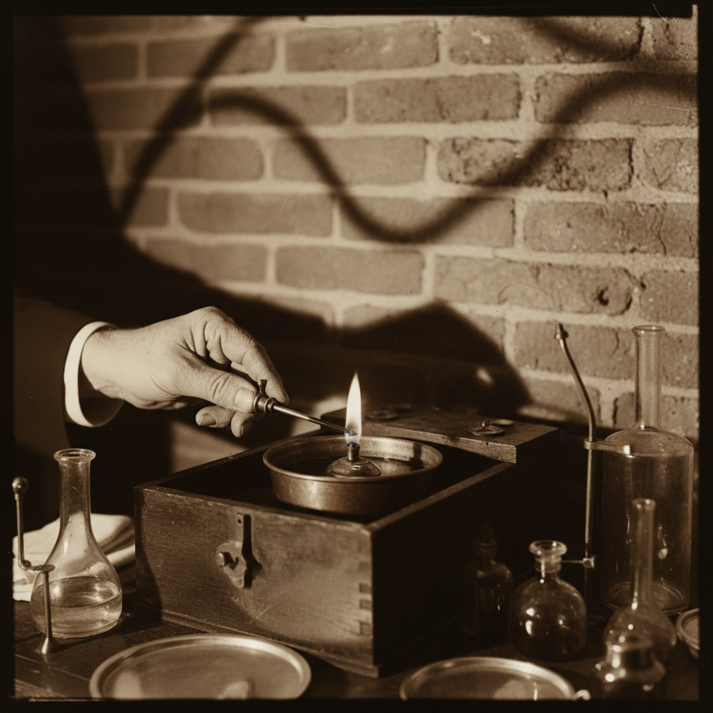 A close-up of a daguerreotypist’s hand adjusting a spirit lamp beneath a mercury bath, the blue flame casting long, dist