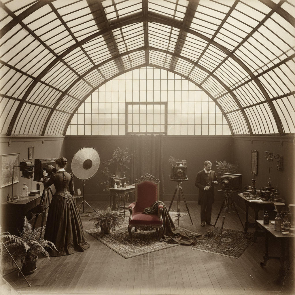 A high-angle shot of a Victorian photography studio, sunlight streaming through a massive glass ceiling onto a velvet-dr