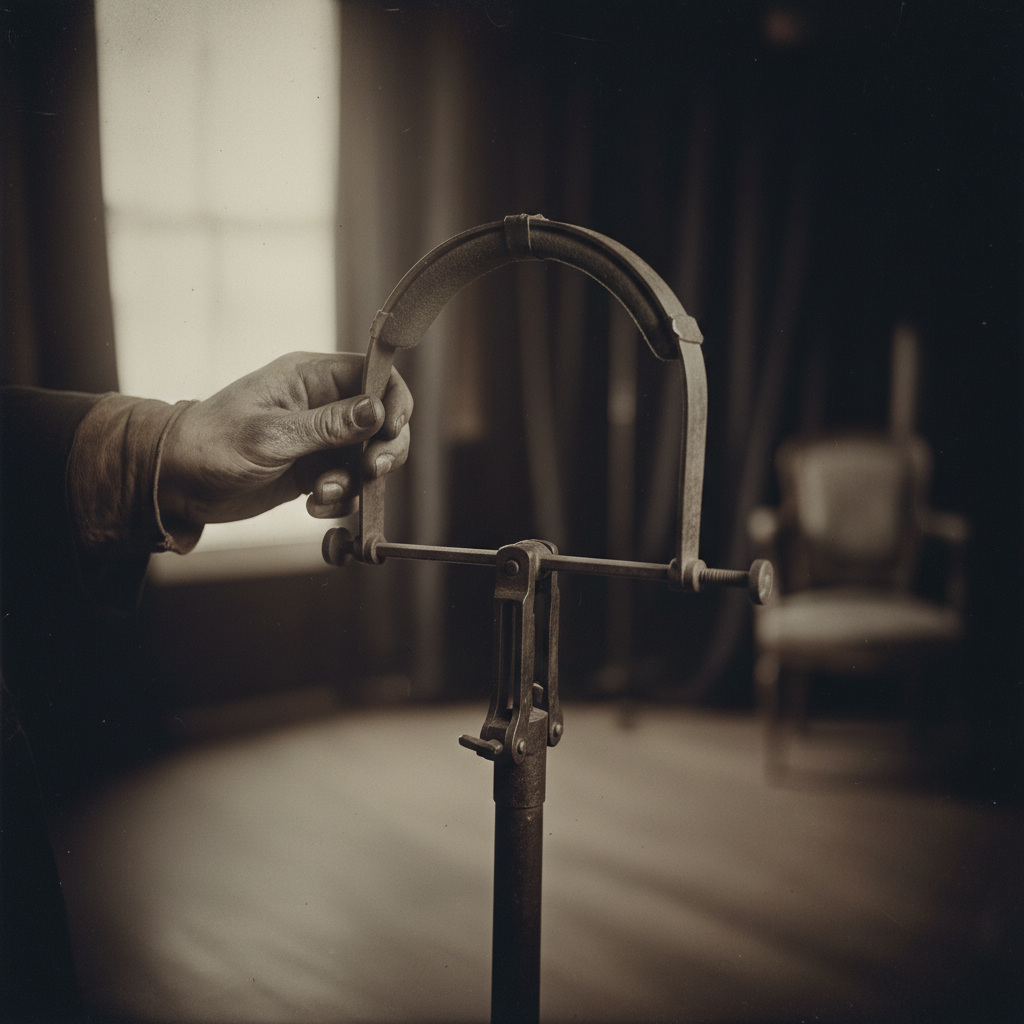 A close-up of a photographer's hand, stained with silver nitrate, adjusting the heavy iron 'head-rest' - a Victorian posin