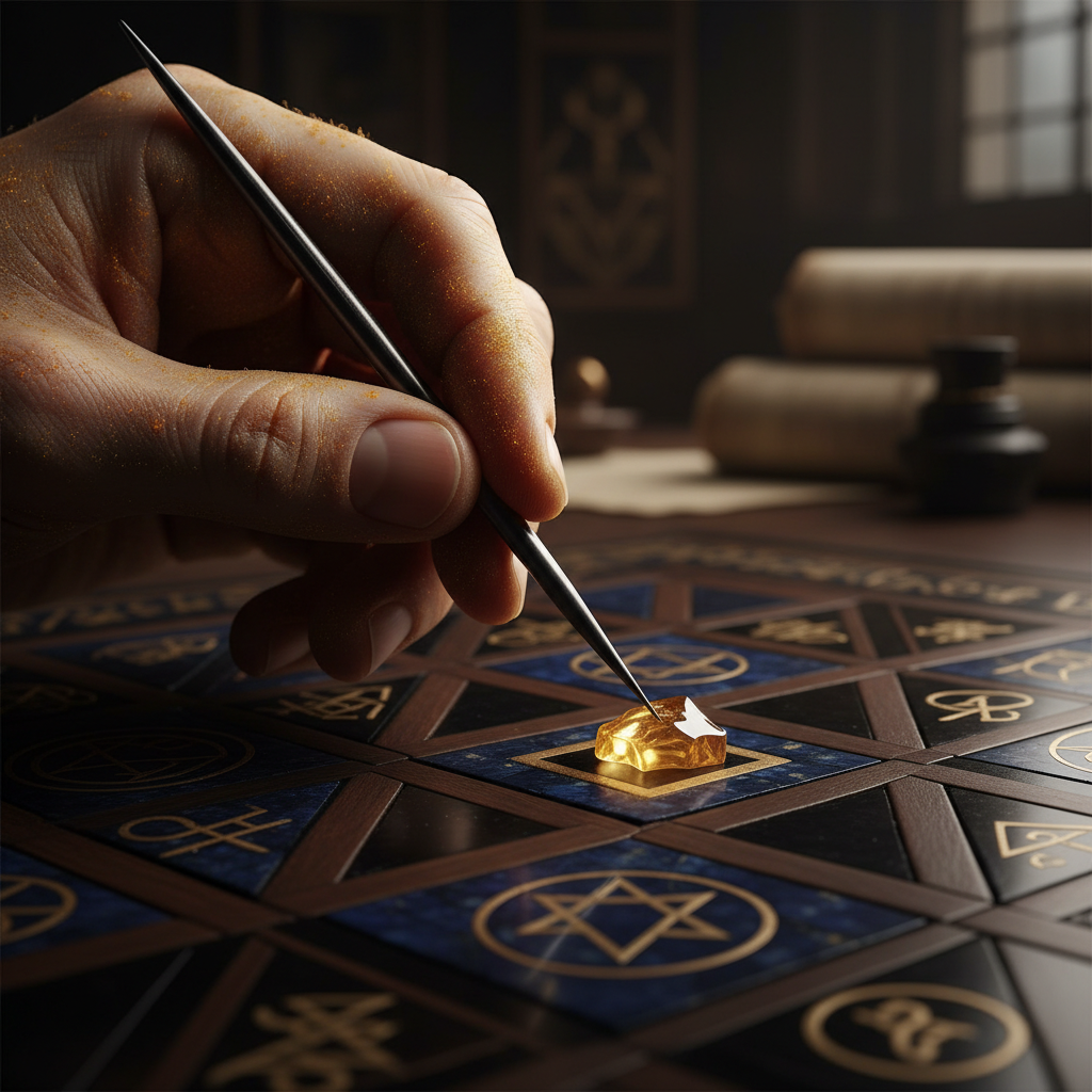 A modern artisan's hand, dusted with fine amber powder, using a small tool to fit a piece of golden resin into a complex
