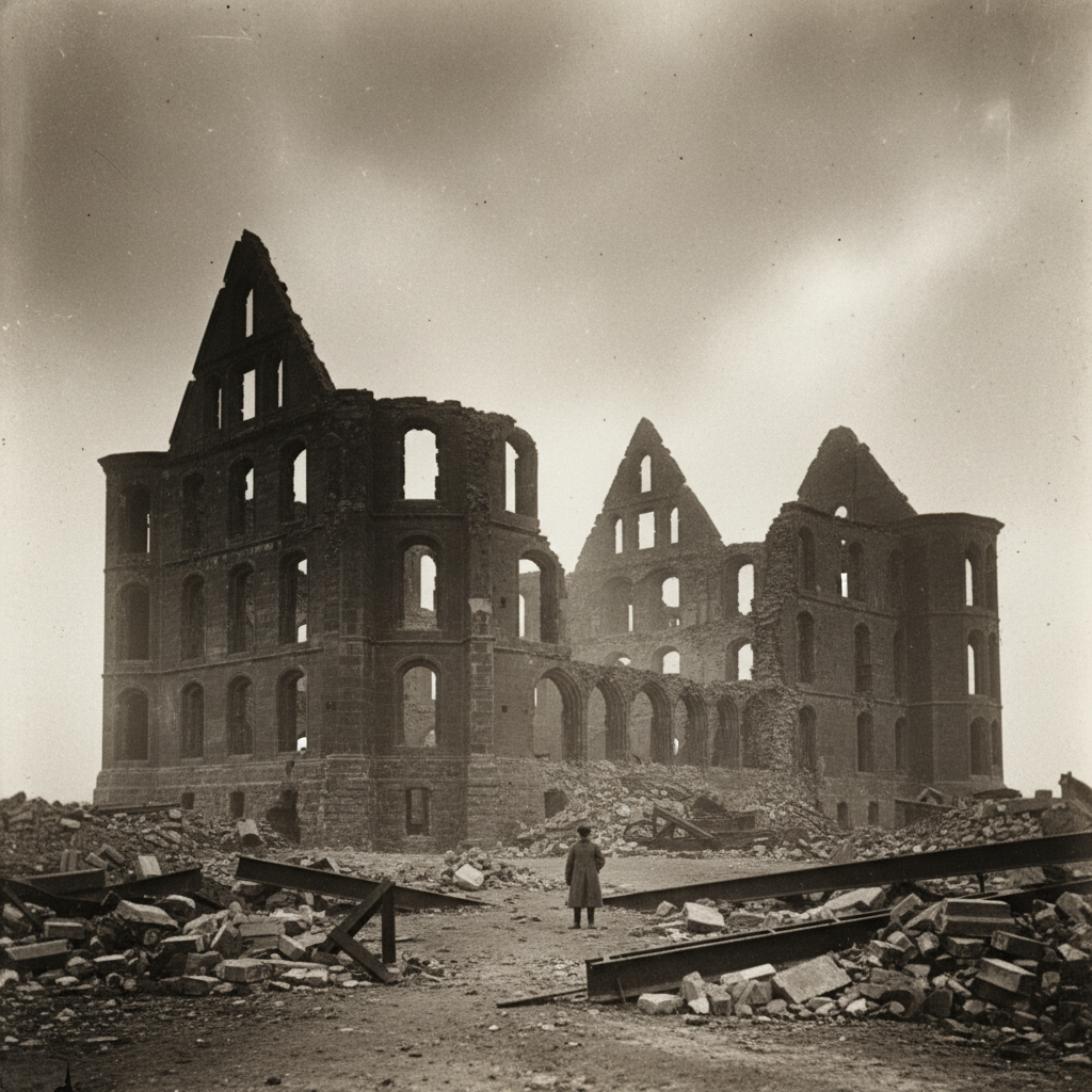 The skeletal ruins of Königsberg Castle after the 1944 bombings, dark against a bruised and smoky sky.