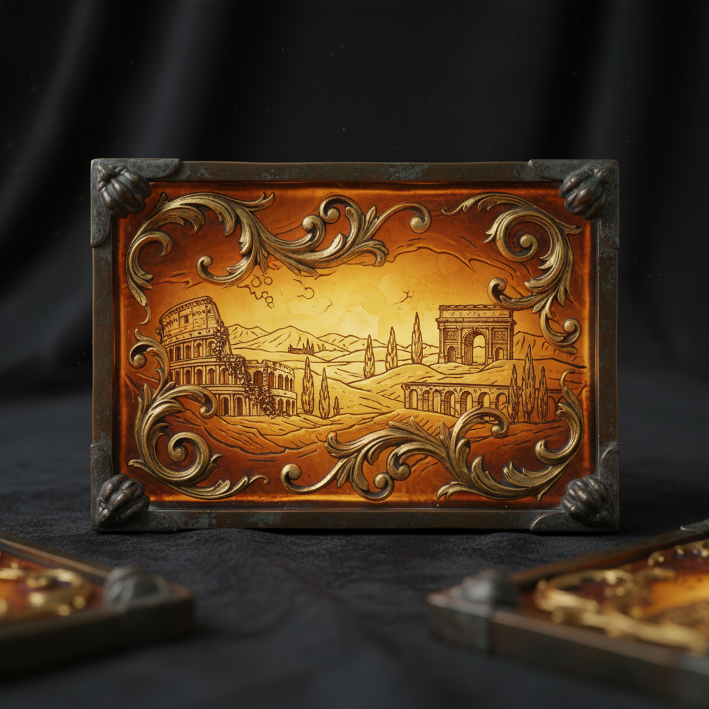 A close-up of an amber panel, showing the intricate carvings of Roman landscapes and golden flourishes, glowing with int