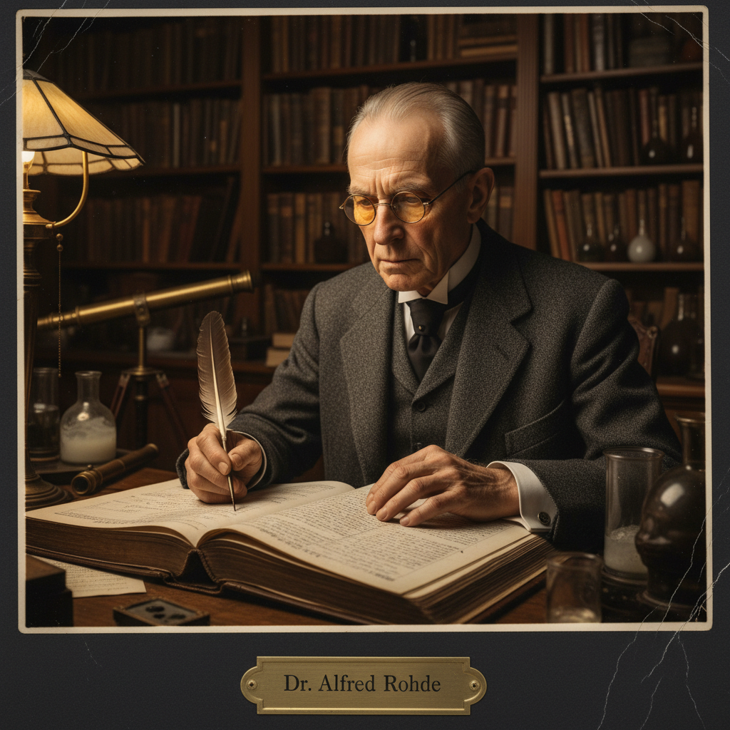 A portrait of Dr. Alfred Rohde, his spectacles reflecting a faint, golden light as he peers over a ledger.