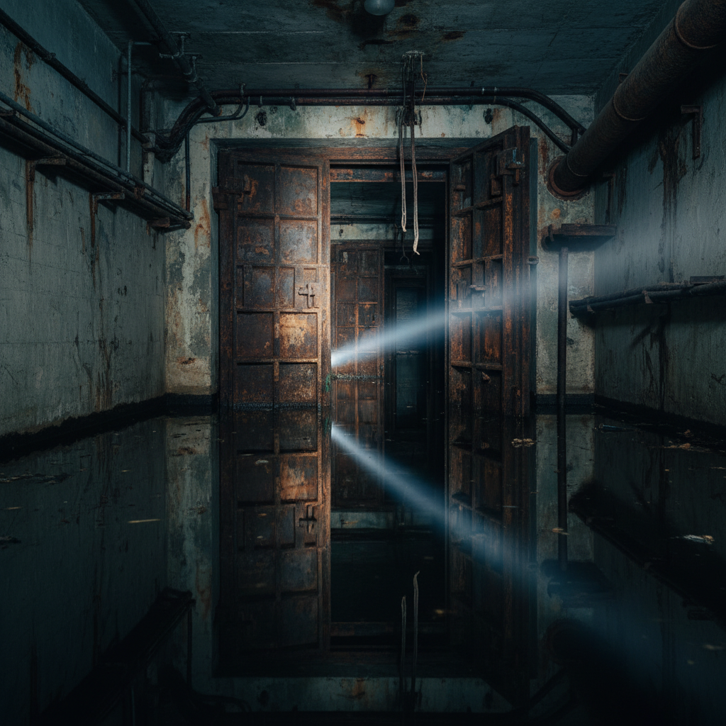 A dark, flooded underground bunker with rusted doors, the water reflecting a single flashlight beam.