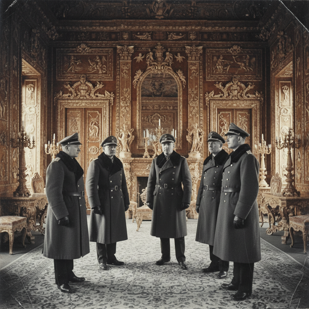 A grainy, black-and-white photograph of German officers in heavy wool coats standing in the center of the reassembled Am