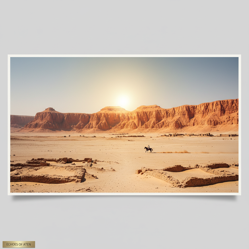 A sweeping panoramic view of the desolate Amarna plain, with the jagged limestone cliffs glowing orange under a midday s