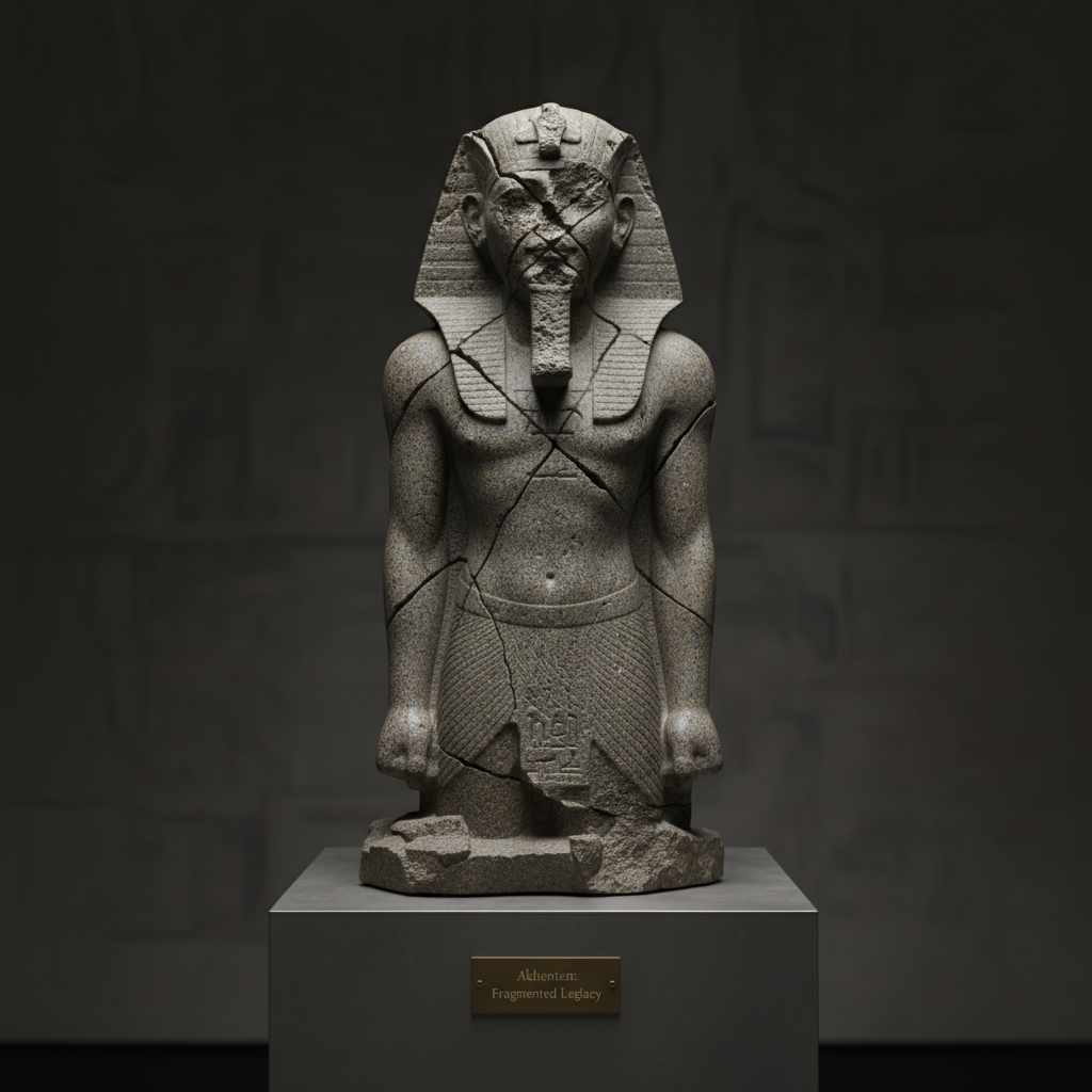 A fractured granite statue of Akhenaten, the face completely obliterated by heavy, intentional tool marks.