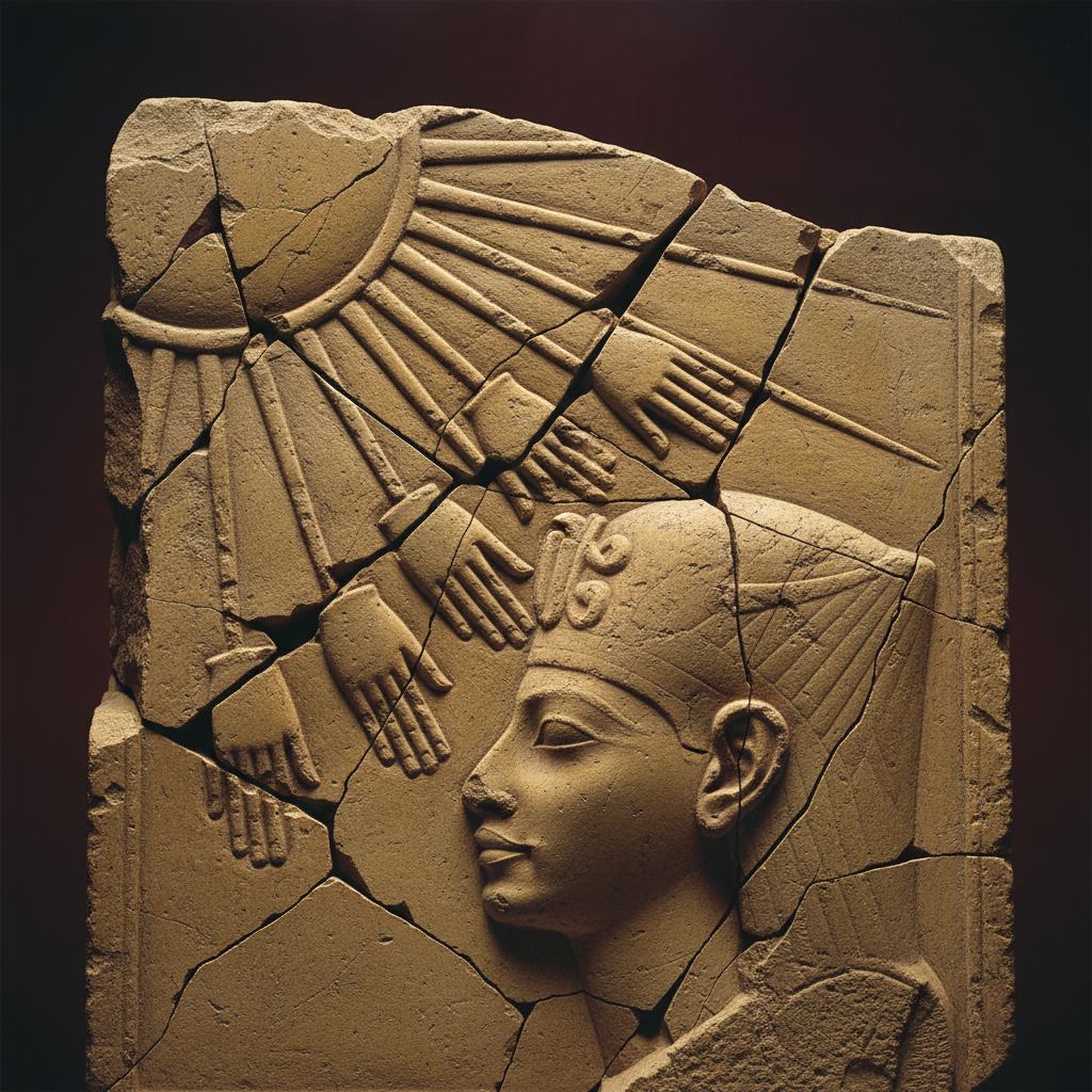 A close-up of a shattered relief showing the hands of the Aten, ending in tiny human fingers, touching the crown of a fa