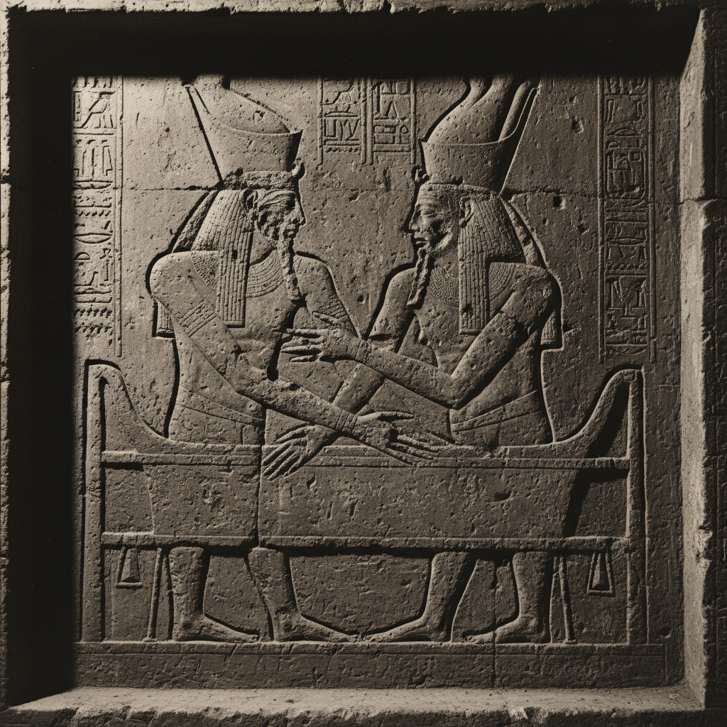 A haunting relief in a dark tomb chamber, showing Akhenaten and Nefertiti clutching each other in grief over a bier, the