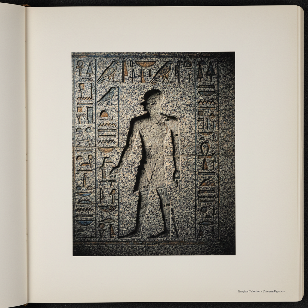 A close-up of a granite wall where a figure has been chiseled away, leaving a rough, ghost-like silhouette surrounded by