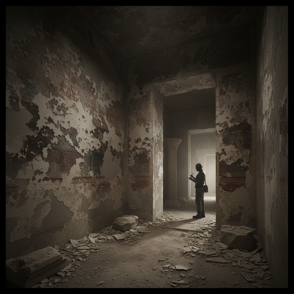 The interior of a dark, ruined tomb where the wall paintings have been systematically scraped away, leaving only raw, sc