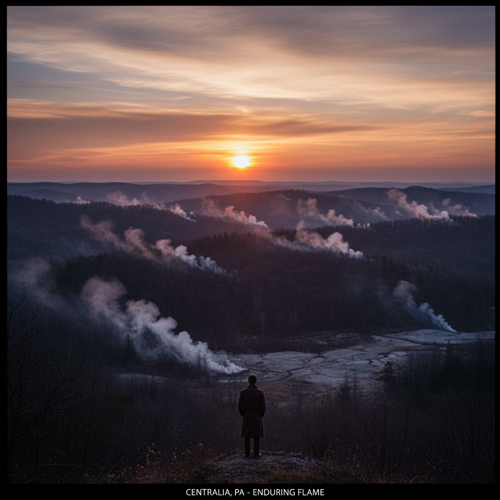 A sunset view of the hills surrounding Centralia, where dozens of small plumes of white smoke rise from the forested slo