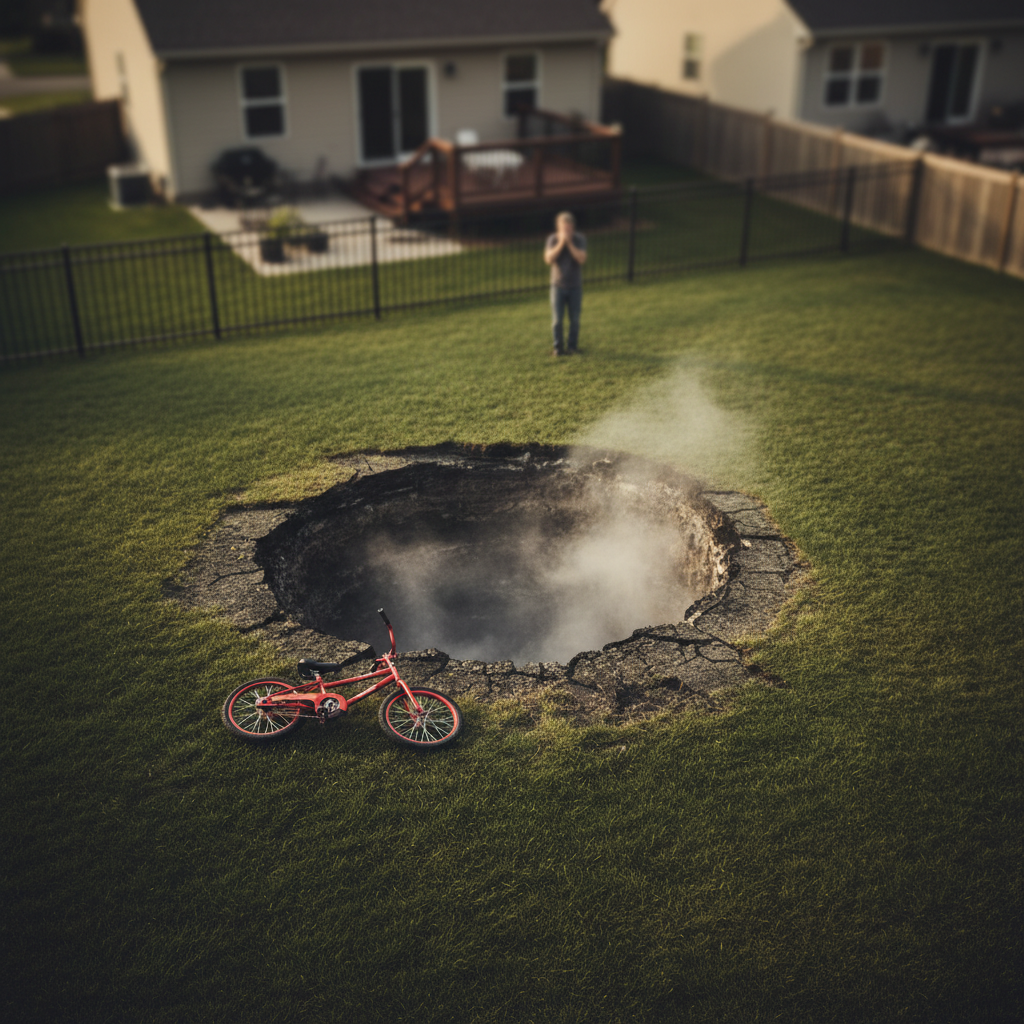 A wide, aerial-style shot of a backyard where the green grass abruptly ends at the jagged, steaming lip of a sinkhole, w