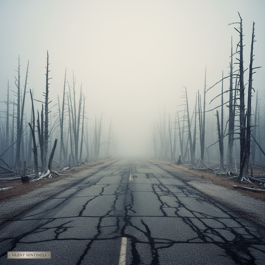 A cracked asphalt road winding into a thick, white fog of steam, with dead, silvered trees lining the shoulder like skel