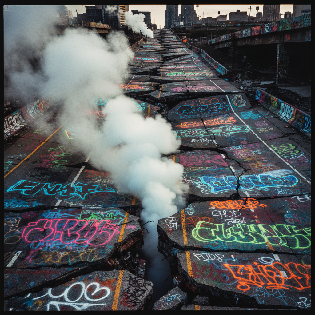 A long, receding shot of a buckled highway covered in overlapping neon graffiti, with a massive fissure in the foregroun