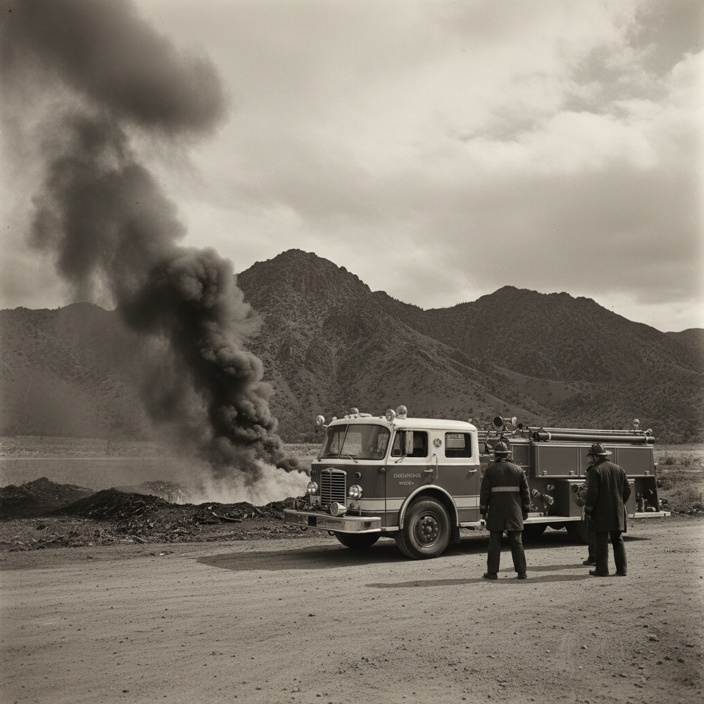 An archival black-and-white photo of a 1960s fire truck parked near a smoking pit, the firemen looking small and helples