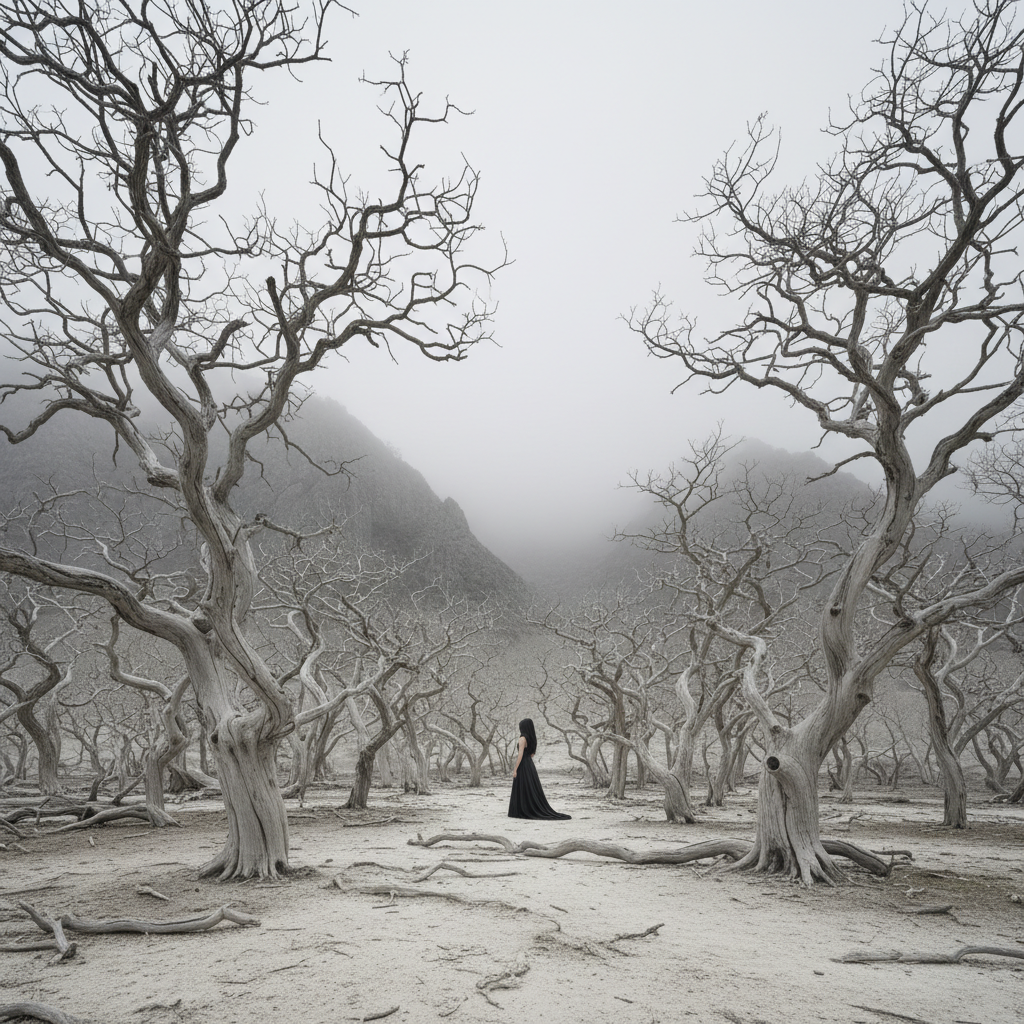 A wide-angle view of a "forest" of dead, white trees, their branches tangled like silver wire against a backdrop of gray