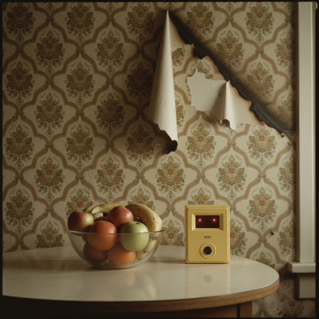 A close-up of a domestic interior from the late 70s - a kitchen table with a carbon monoxide detector sitting next to a bo